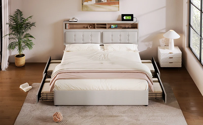 Lit double 140x200cm avec 4 tiroirs, tête de lit réglable, ports USB-C, tissu beige, sommier bois