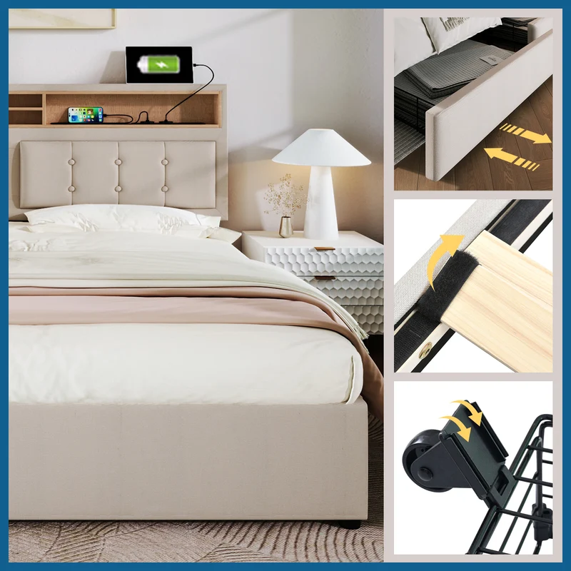 Lit double 140x200cm avec 4 tiroirs, tête de lit réglable, ports USB-C, tissu beige, sommier bois