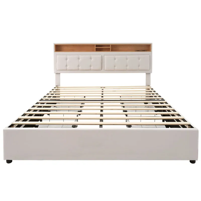 Lit double 140x200cm avec 4 tiroirs, tête de lit réglable, ports USB-C, tissu beige, sommier bois
