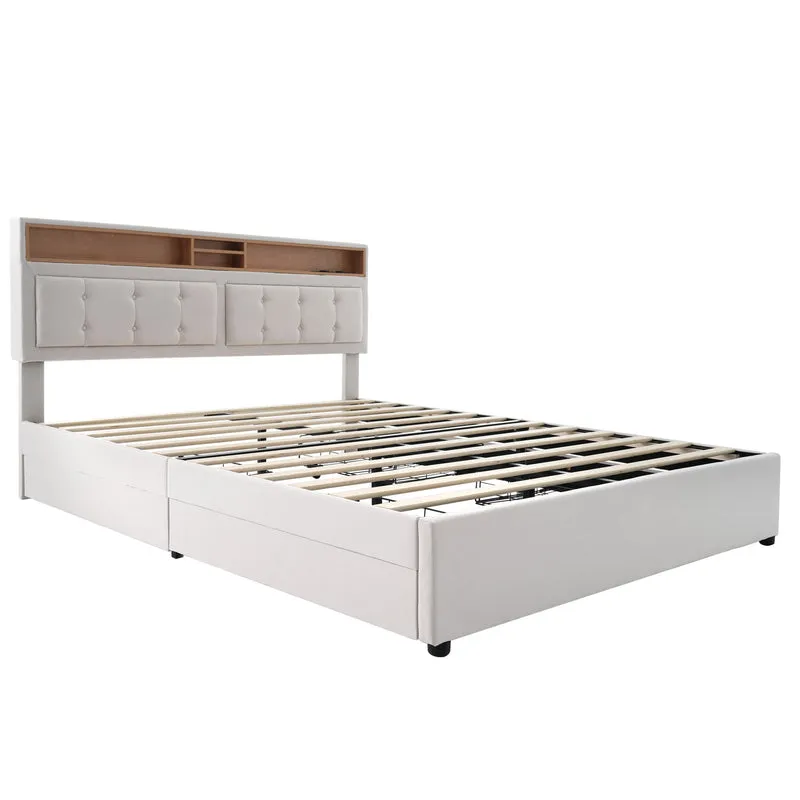 Lit double 140x200cm avec 4 tiroirs, tête de lit réglable, ports USB-C, tissu beige, sommier bois