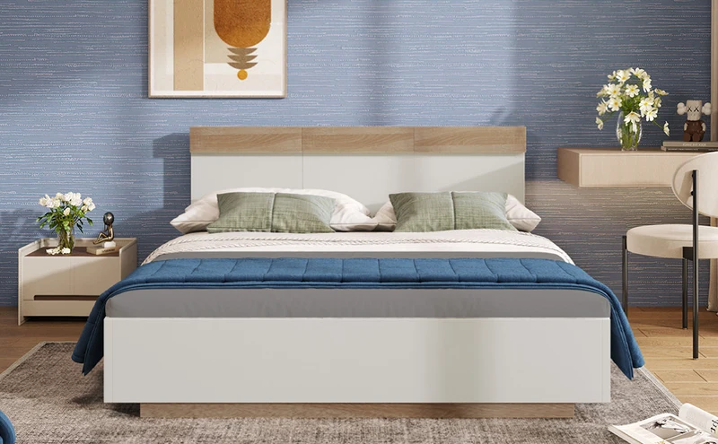 Lit double 140x200 cm bois chêne Sonoma/Blanc avec tête de lit flottante, sommier inclus, style moderne