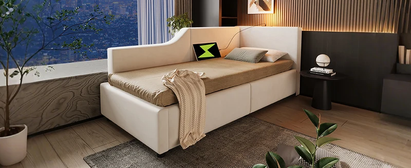 Lit banquette 90x200cm en velours beige avec rangement hydraulique, liseuse et USB-C