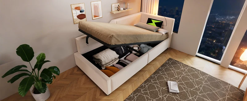 Lit banquette 90x200cm en velours beige avec rangement hydraulique, liseuse et USB-C