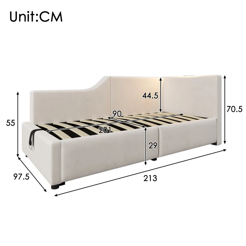 Lit banquette 90x200cm en velours beige avec rangement hydraulique, liseuse et USB-C