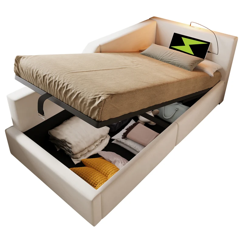 Lit banquette 90x200cm en velours beige avec rangement hydraulique, liseuse et USB-C