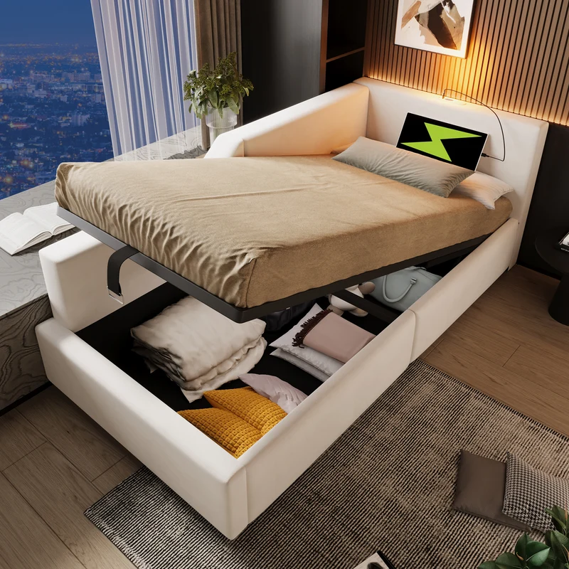 Lit banquette 90x200cm en velours beige avec rangement hydraulique, liseuse et USB-C