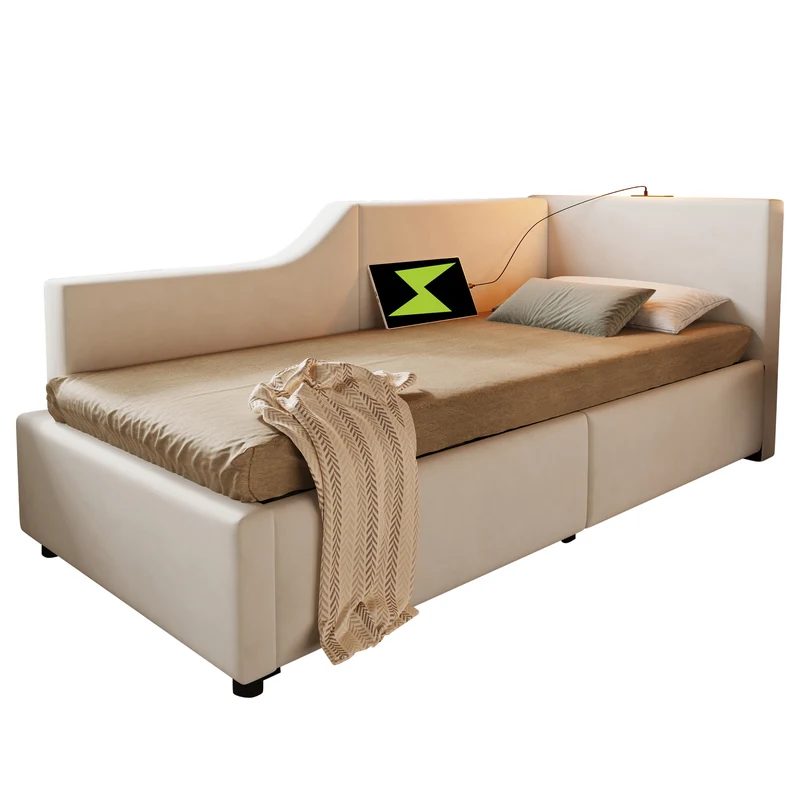 Lit banquette 90x200cm en velours beige avec rangement hydraulique, liseuse et USB-C