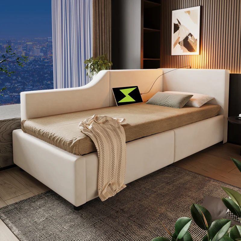 Lit banquette 90x200cm en velours beige avec rangement hydraulique, liseuse et USB-C