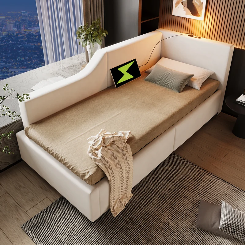 Lit banquette 90x200cm en velours beige avec rangement hydraulique, liseuse et USB-C