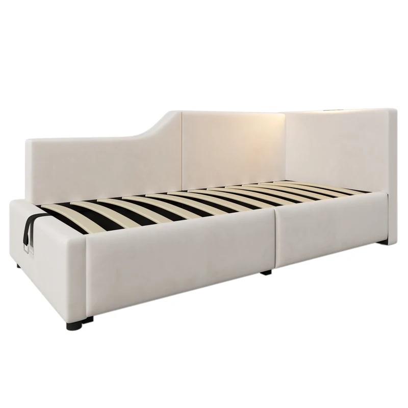 Lit banquette 90x200cm en velours beige avec rangement hydraulique, liseuse et USB-C