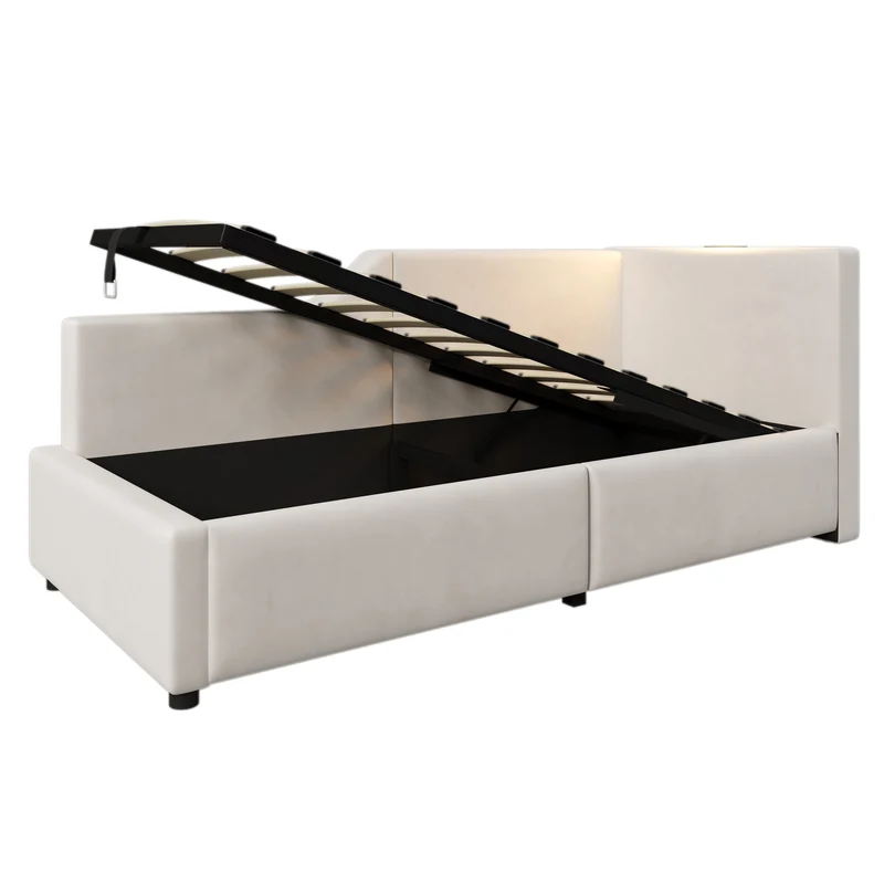 Lit banquette 90x200cm en velours beige avec rangement hydraulique, liseuse et USB-C