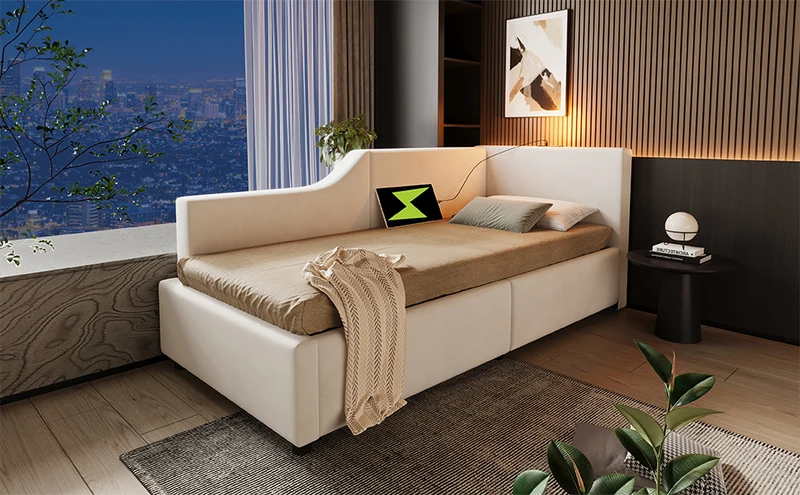 Lit banquette 90x200cm en velours beige avec rangement hydraulique, liseuse et USB-C