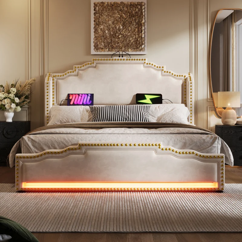 Lit double 140x200 en velours beige avec LED, 4 tiroirs, ports USB-C, tête de lit vintage, sans matelas
