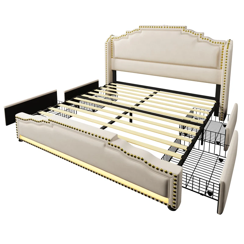 Lit double 140x200 en velours beige avec LED, 4 tiroirs, ports USB-C, tête de lit vintage, sans matelas