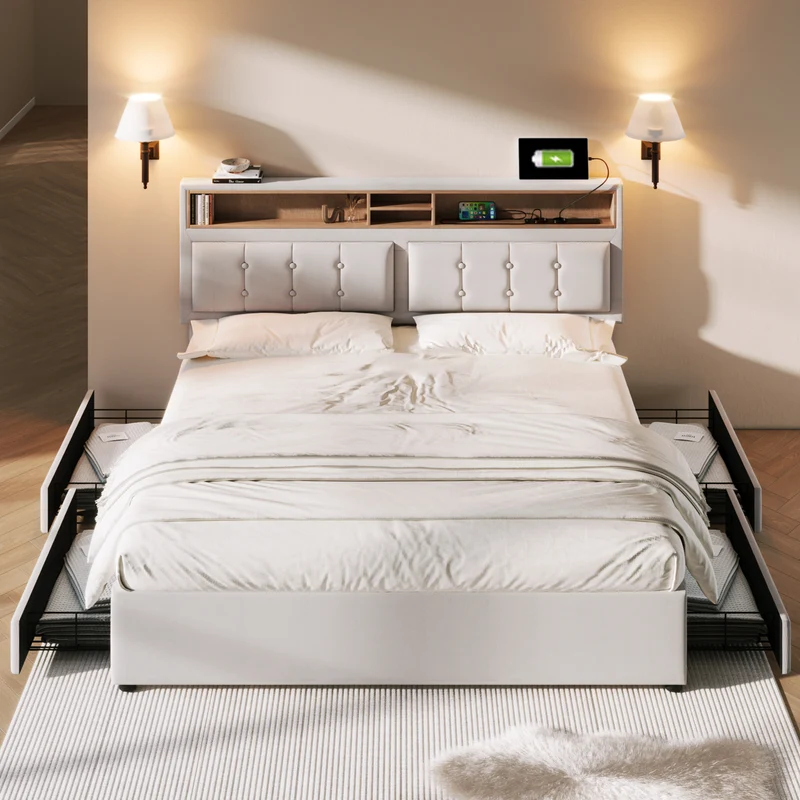 Lit double 160x200cm avec 4 tiroirs, tête de lit réglable, ports USB-C, tissu beige, sommier bois