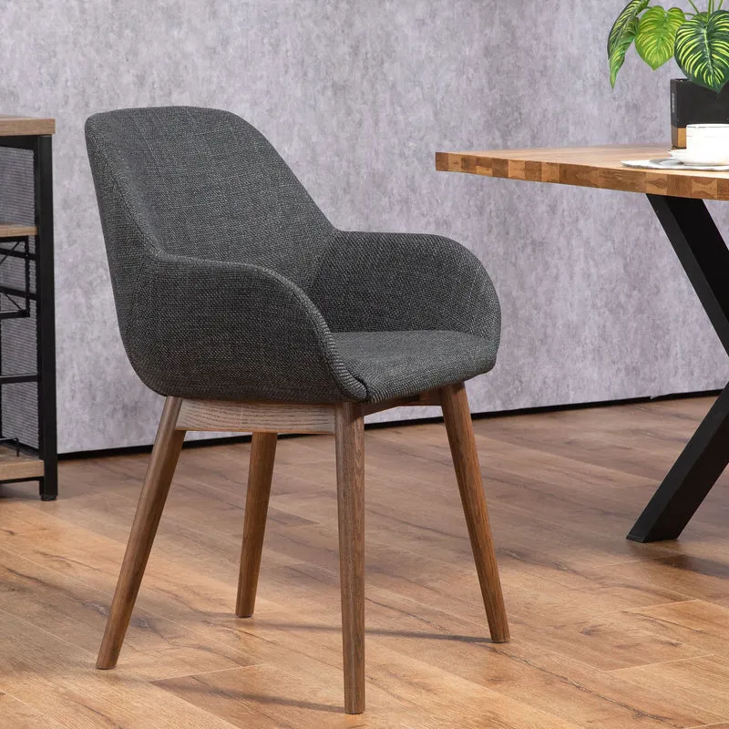 Chaise repas avec accoudoirs en tissu noir pied chêne foncé