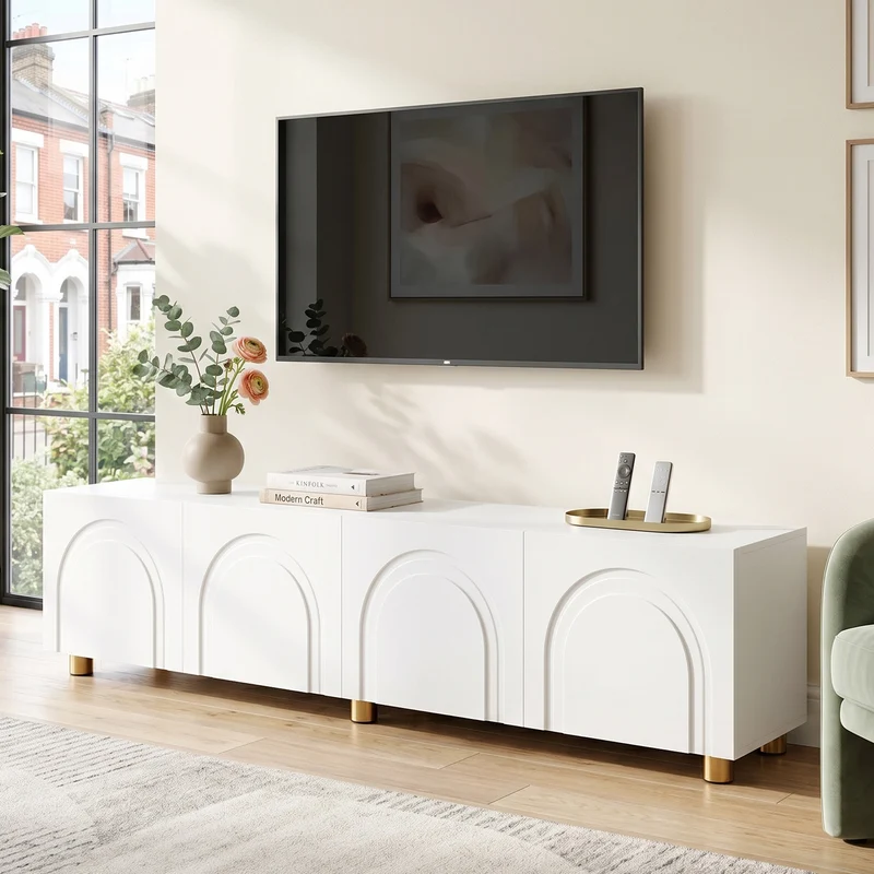 Meuble TV blanc design arche 4 portes pieds dorés 180x35x40cm FABRIC VANITY