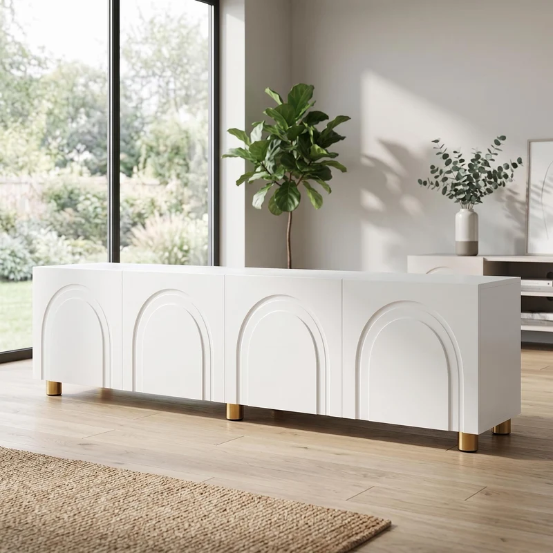 Meuble TV blanc design arche 4 portes pieds dorés 180x35x40cm FABRIC VANITY
