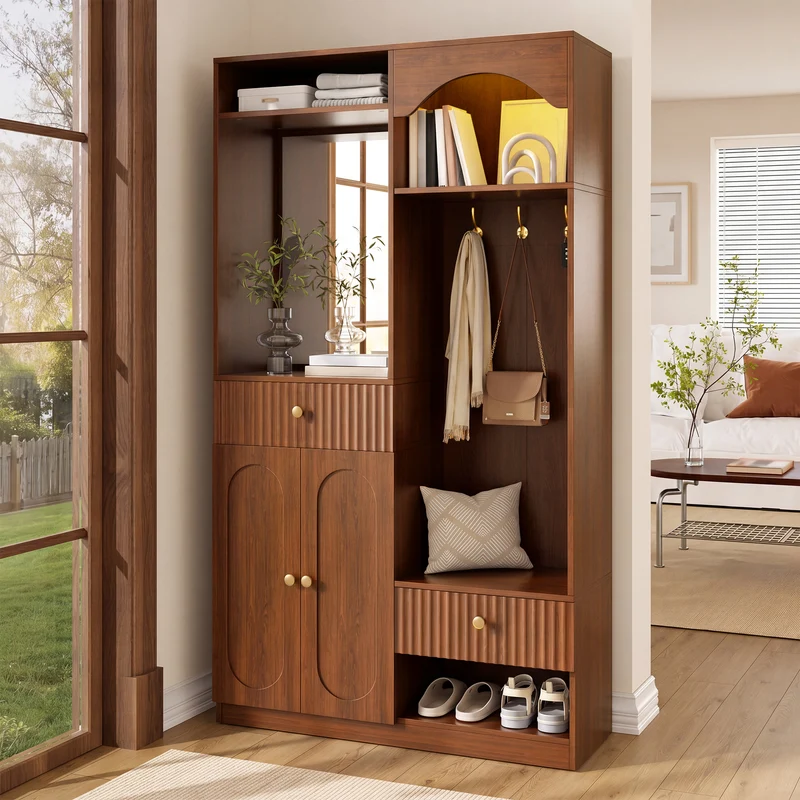 Vestiaires à l'entrée effet noyer avec miroir et éclairage LED accent doré ELEGANT WALL SET