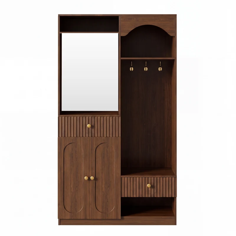 Vestiaires à l'entrée effet noyer avec miroir et éclairage LED accent doré ELEGANT WALL SET