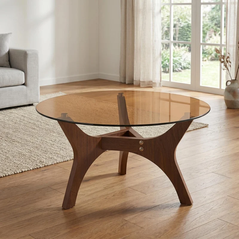 Table basse ronde en verre teinté ambré et bois noyer 80x 80x42,2cm CLASSICONE