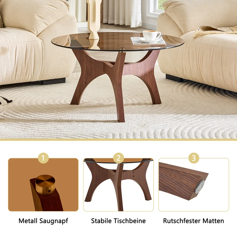 Table basse ronde en verre teinté ambré et bois noyer 80x 80x42,2cm CLASSICONE