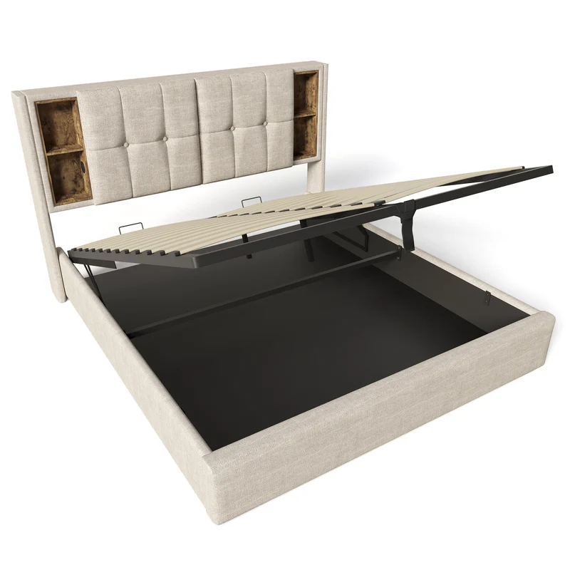 Lit coffre king size en lin beige capitonné avec rangement, chargement sans fil et prises USB&C 180x200cm CHROMEOTTOMAN