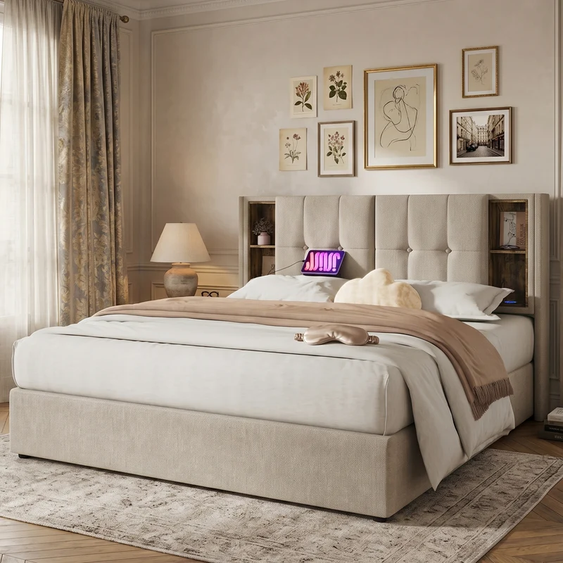 Lit coffre king size en lin beige capitonné avec rangement, chargement sans fil et prises USB&C 180x200cm CHROMEOTTOMAN