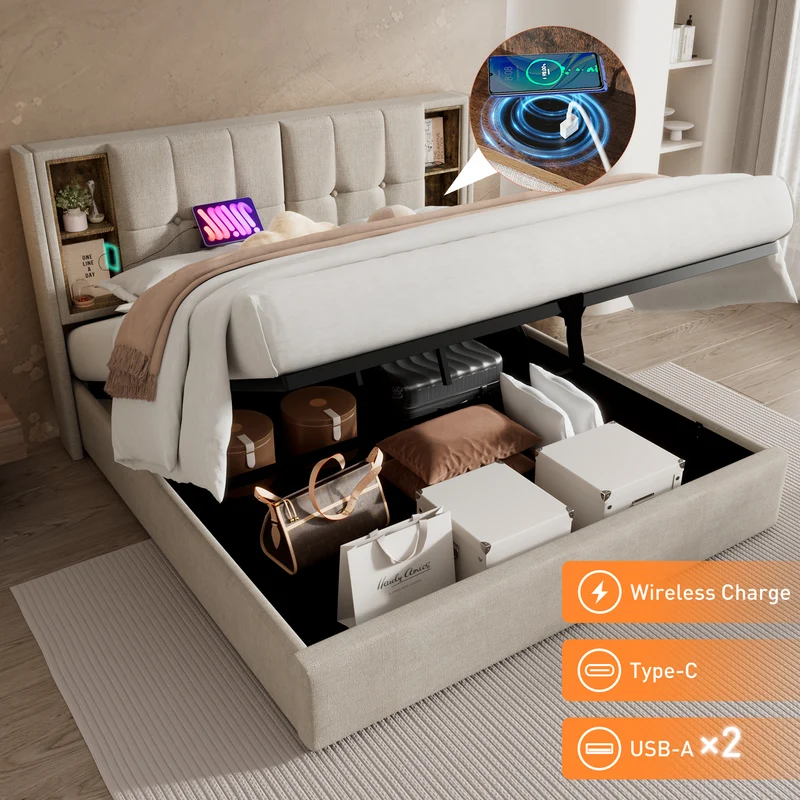 Lit coffre king size en lin beige capitonné avec rangement, chargement sans fil et prises USB&C 180x200cm CHROMEOTTOMAN