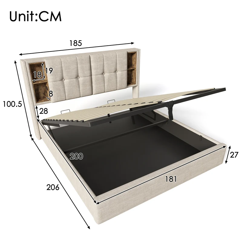 Lit coffre king size en lin beige capitonné avec rangement, chargement sans fil et prises USB&C 180x200cm CHROMEOTTOMAN
