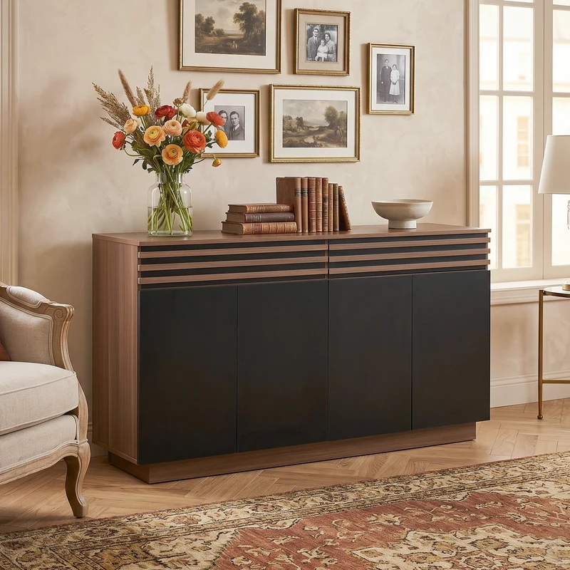Buffet effet noyer et 4 portes noires 150x40x85 cm CLASSICBASKETHOME