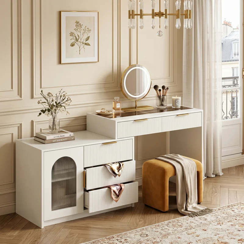 Coiffeuse blanche moderne extensible design ondulé avec plateau en verre, miroir LED 90-160cm CLASSICARMOIRE