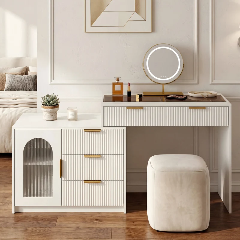 Coiffeuse blanche moderne extensible design ondulé avec plateau en verre, miroir LED 90-160cm CLASSICARMOIRE