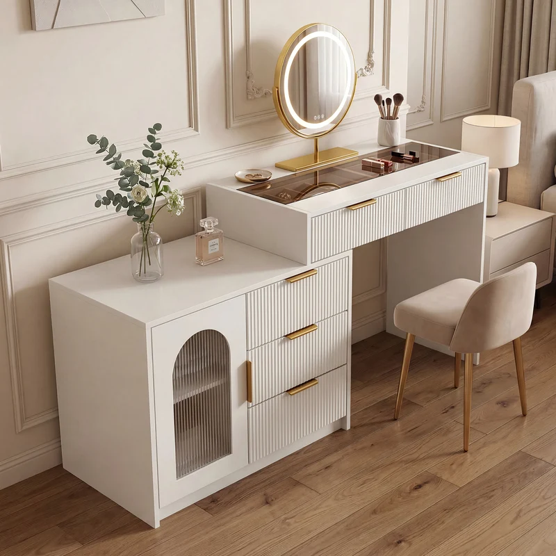 Coiffeuse blanche moderne extensible design ondulé avec plateau en verre, miroir LED 90-160cm CLASSICARMOIRE