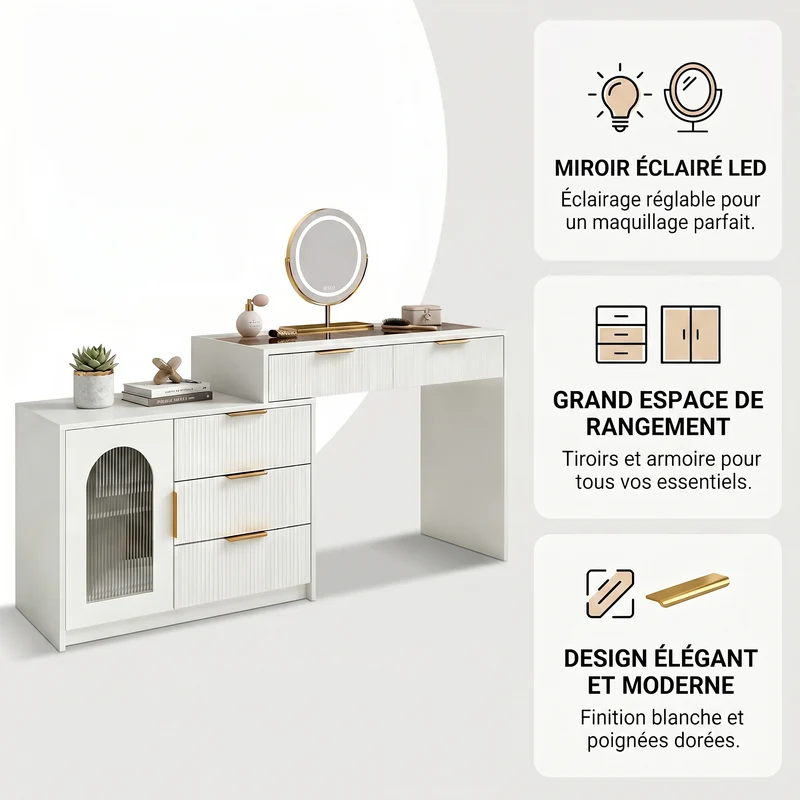 Coiffeuse blanche moderne extensible design ondulé avec plateau en verre, miroir LED 90-160cm CLASSICARMOIRE