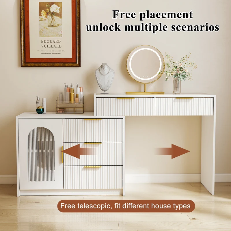 Coiffeuse blanche moderne extensible design ondulé avec plateau en verre, miroir LED 90-160cm CLASSICARMOIRE