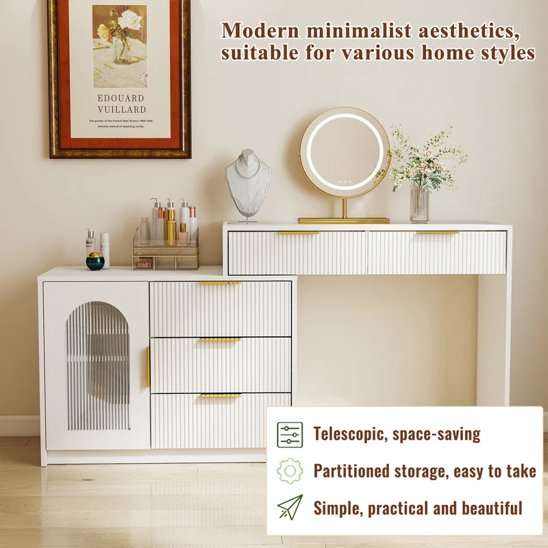 Coiffeuse blanche moderne extensible design ondulé avec plateau en verre, miroir LED 90-160cm CLASSICARMOIRE
