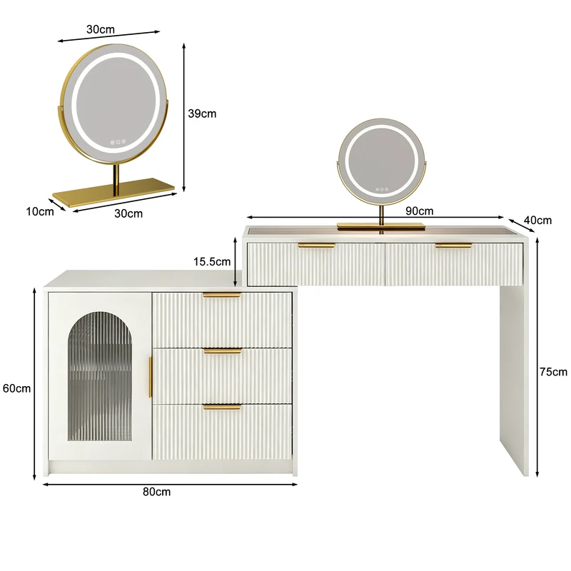 Coiffeuse blanche moderne extensible design ondulé avec plateau en verre, miroir LED 90-160cm CLASSICARMOIRE