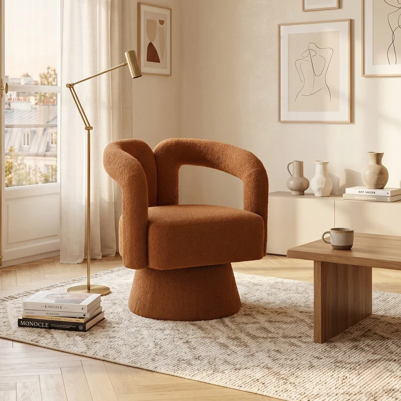 Fauteuil rond pivotant 360° en bouclette orange, design moderne 67x55x74cm FABRIC DRESSER