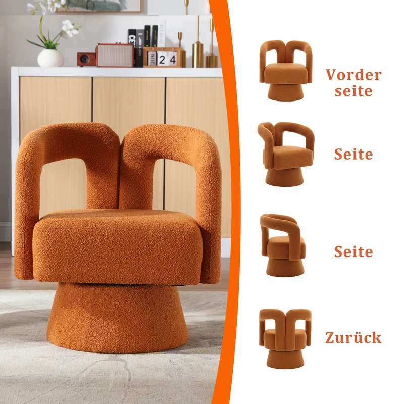 Fauteuil rond pivotant 360° en bouclette orange, design moderne 67x55x74cm FABRIC DRESSER