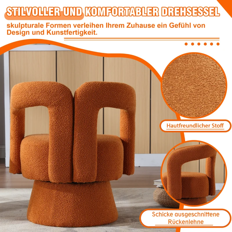 Fauteuil rond pivotant 360° en bouclette orange, design moderne 67x55x74cm FABRIC DRESSER