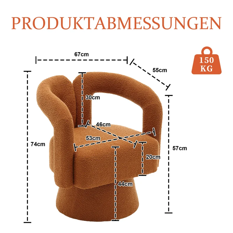 Fauteuil rond pivotant 360° en bouclette orange, design moderne 67x55x74cm FABRIC DRESSER