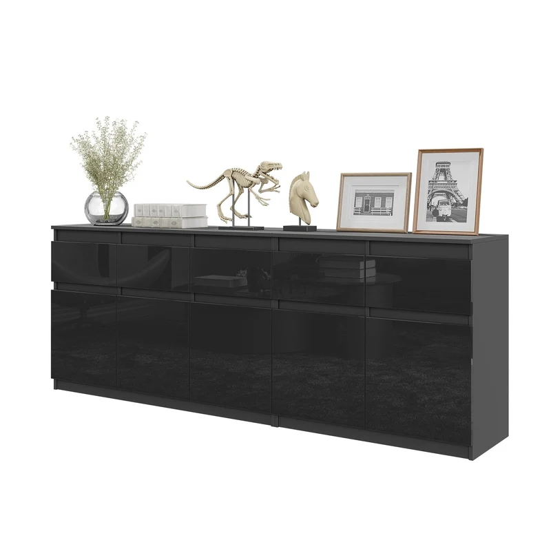 NOAH - Commode 5 Tiroirs et 5 Portes - Armoire de Rangement pour Couloir / Chambre à Coucher - Buffet - Anthracite / Noir Brillant H75cm L200cm P35cm