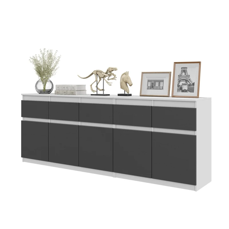 NOAH - Commode 5 Tiroirs et 5 Portes - Armoire de Rangement pour Couloir / Chambre à Coucher - Buffet - Blanc Mat / Anthracite H75cm L200cm P35cm
