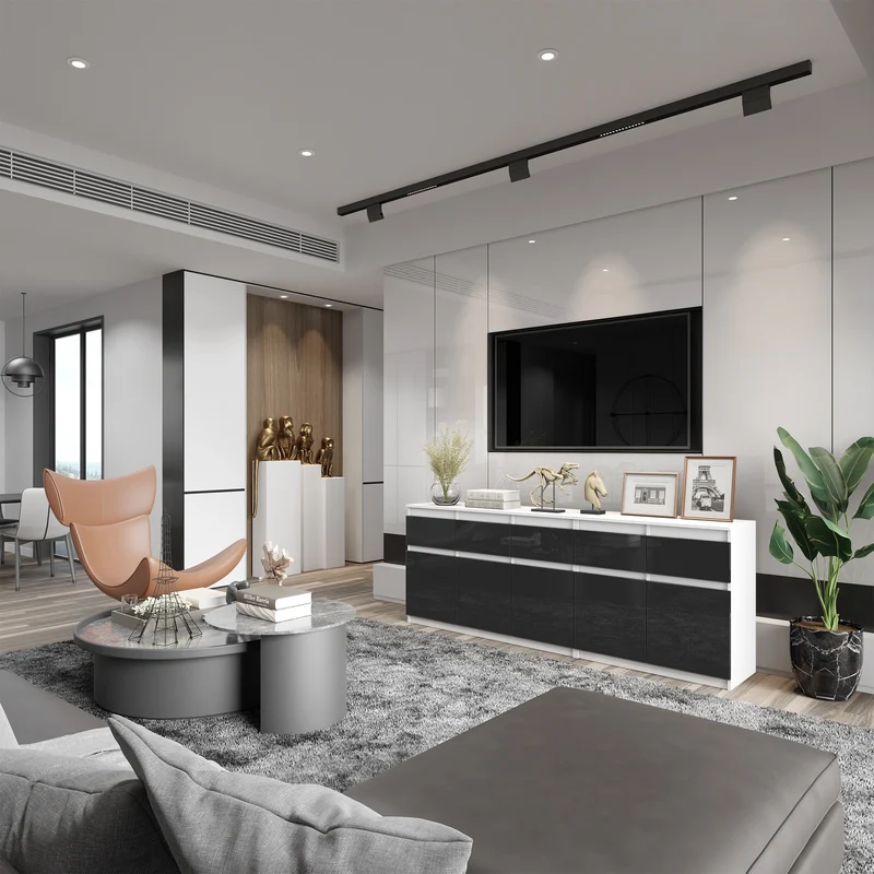 NOAH - Commode 5 Tiroirs et 5 Portes - Armoire de Rangement pour Couloir / Chambre à Coucher - Buffet - Blanc Mat / Noir Brillant H75cm L200cm P35cm
