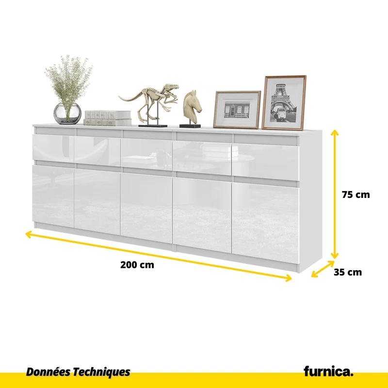 NOAH - Commode 5 Tiroirs et 5 Portes - Armoire de Rangement pour Couloir / Chambre à Coucher - Buffet - Blanc Mat / Blanc Brillant H75cm L200cm P35cm