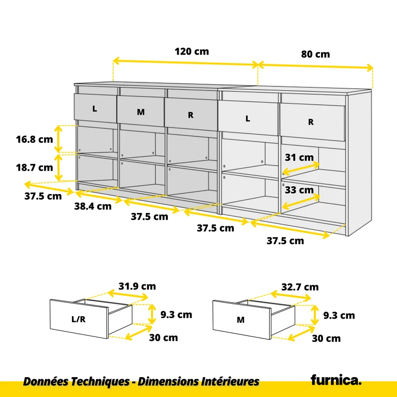 NOAH - Commode 5 Tiroirs et 5 Portes - Armoire de Rangement pour Couloir / Chambre à Coucher - Buffet - Blanc Mat / Blanc Brillant H75cm L200cm P35cm