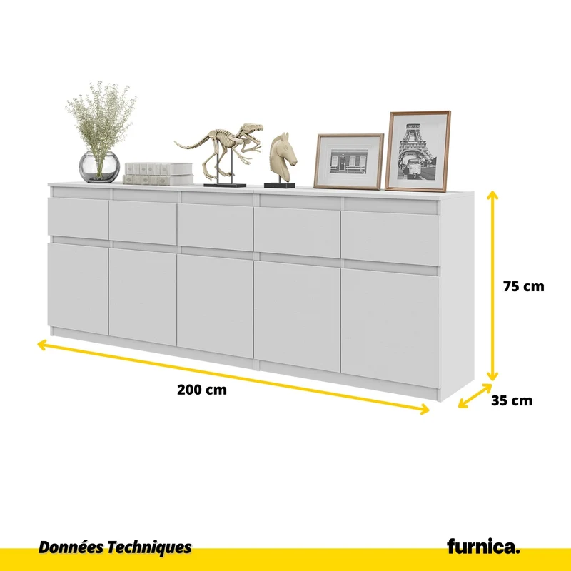 NOAH - Commode 5 Tiroirs et 5 Portes - Armoire de Rangement pour Couloir / Chambre à Coucher - Buffet - Blanc Mat H75cm L200cm P35cm