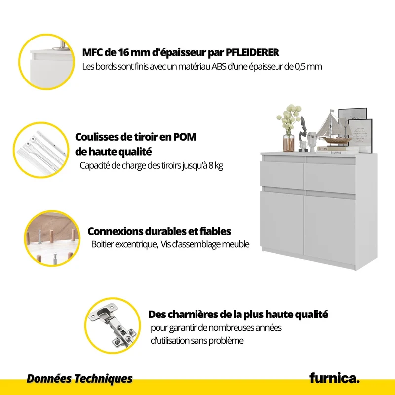 NOAH - Commode 2 Tiroirs et 2 Portes - Meuble de Rangement pour Couloir / Chambre - Buffet - H75cm L80cm P35cm (Chêne Wotan / Blanc Brillant)