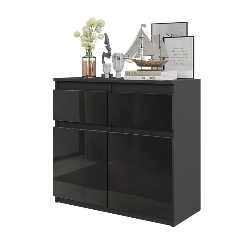 NOAH - Commode 2 Tiroirs et 2 Portes - Meuble de Rangement pour Couloir / Chambre - Buffet - H75cm L80cm P35cm (Anthracite / Noir Brillant)